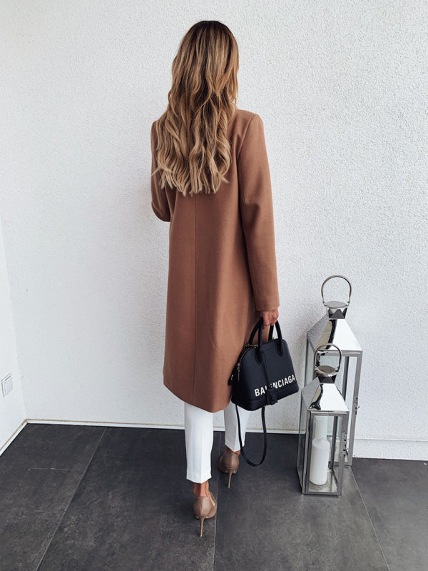 New autumn and winter solid color long-sleeved double pocket suit collar woolen jacket