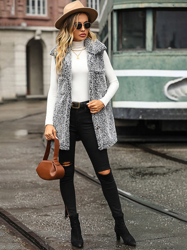 New autumn and winter lapel sleeveless long loose casual cardigan vest