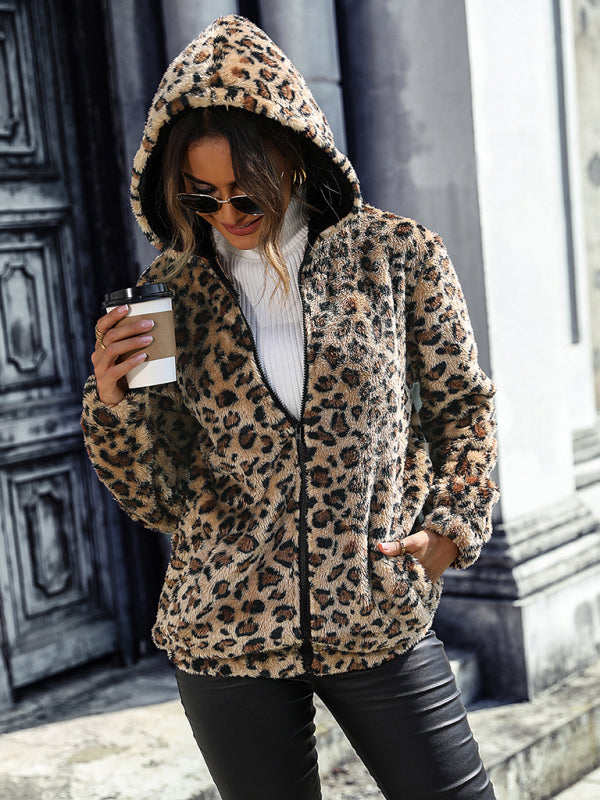 Women's hooded long-sleeved leopard print mid-length loose casual jacket