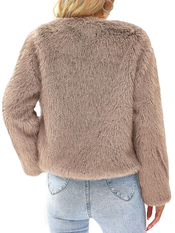 Women's New Furry Multicolor Collarless Top Short Jacket