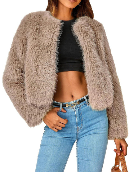 Women's New Furry Multicolor Collarless Top Short Jacket