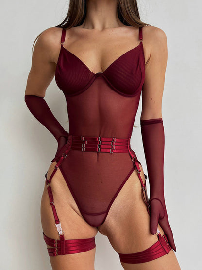 New sexy one-piece bodysuit with gloves and bandage see-through mesh sex suit