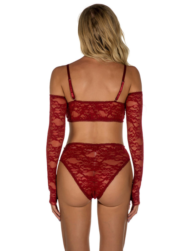 Sexy lingerie, lace transparent pajamas set with gloves, one-piece home wear