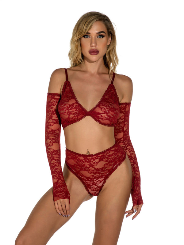 Sexy lingerie, lace transparent pajamas set with gloves, one-piece home wear