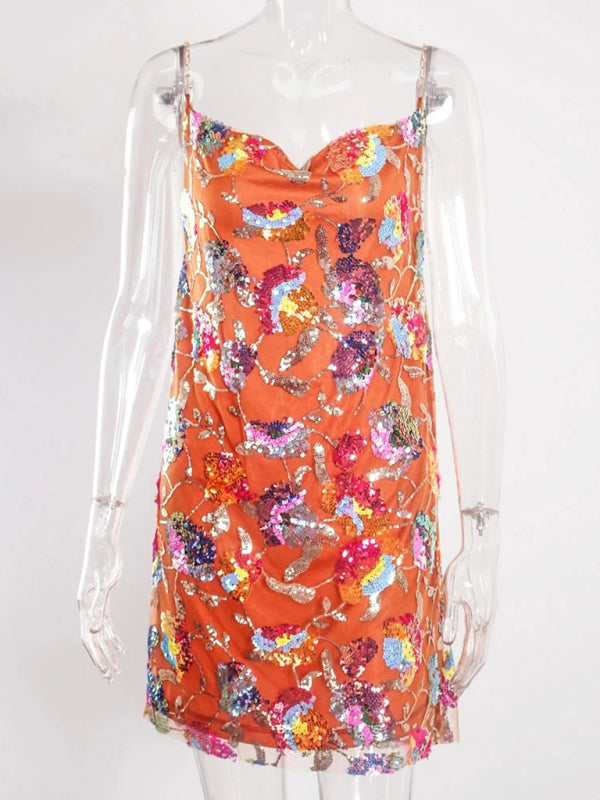 Sexy boat neck backless sequin floral chain women's sexy short dress