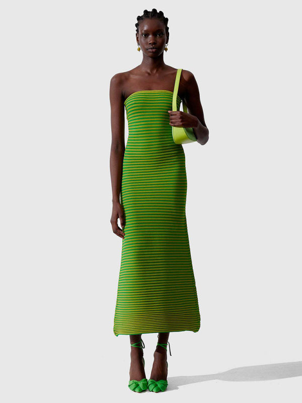 Tube top long knitted striped sexy slim fit hip-hugging dress