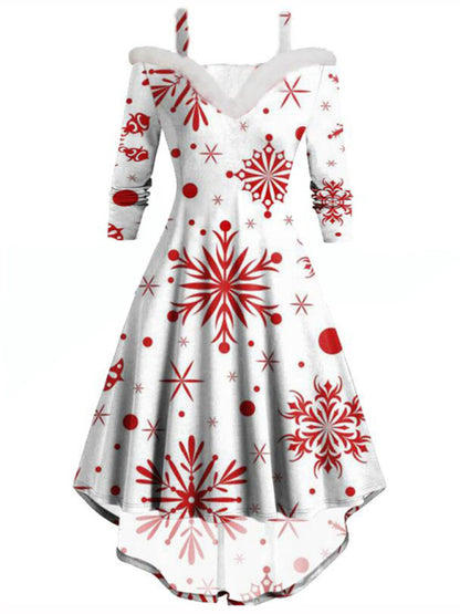 Christmas long-sleeved plush high-low deep V off-the-shoulder dress