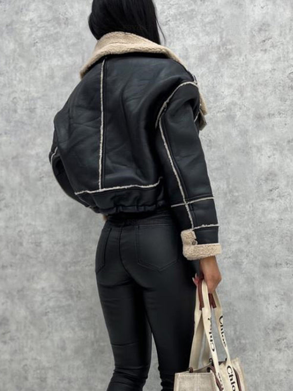 Women's new lamb wool short coat zipper motorcycle style jacket top