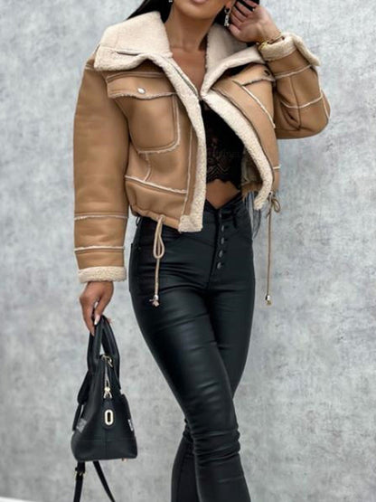 Women's new lamb wool short coat zipper motorcycle style jacket top
