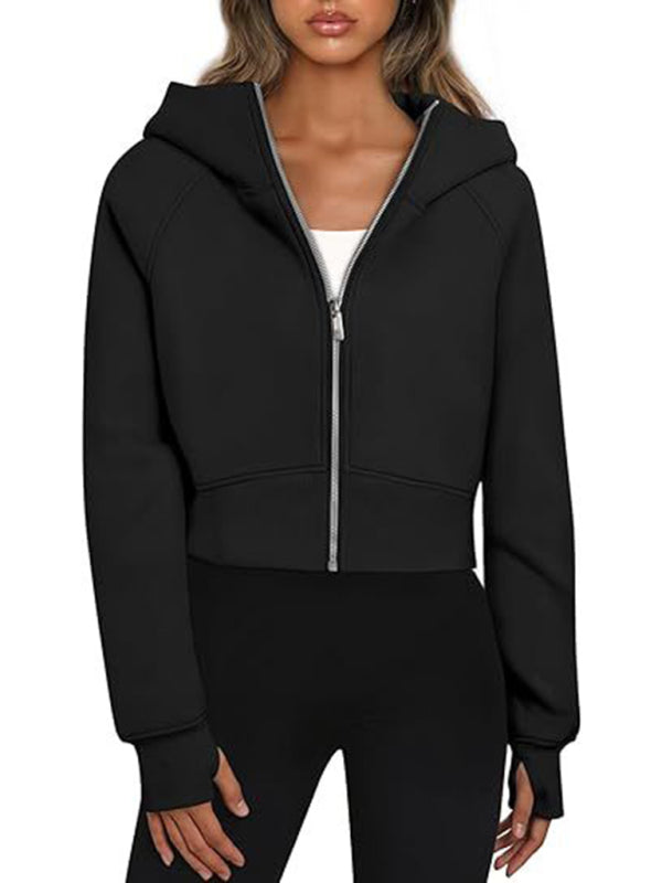 Hooded zipper short casual fleece long-sleeved sweatshirt