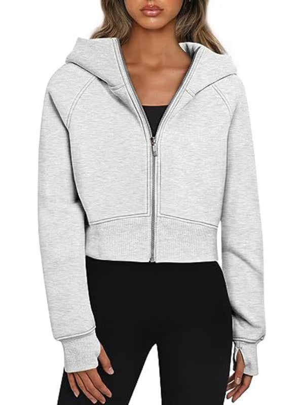 Hooded zipper short casual fleece long-sleeved sweatshirt