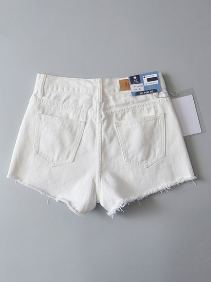 Women's high-waisted buttoned-up washed ripped raw edge denim shorts hot pants