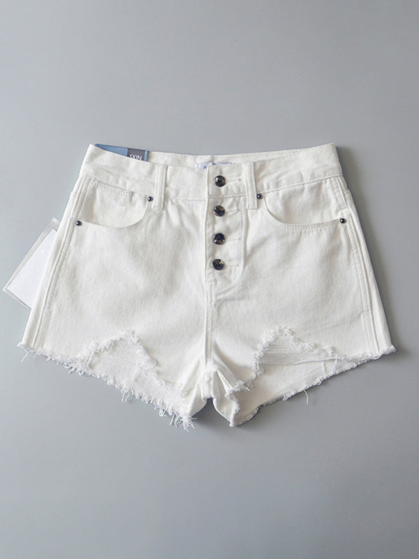 Women's high-waisted buttoned-up washed ripped raw edge denim shorts hot pants
