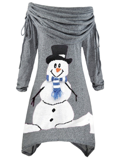 Christmas women's snowman print pleated collar irregular drawstring dress