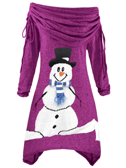 Christmas women's snowman print pleated collar irregular drawstring dress