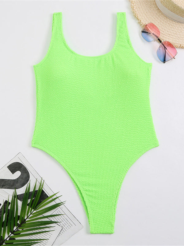 Women's Candy Color Fluorescent Pleated Fabric One-Piece Swimsuit