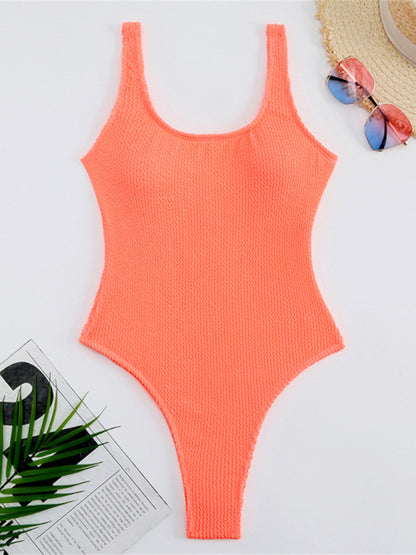 Women's Candy Color Fluorescent Pleated Fabric One-Piece Swimsuit