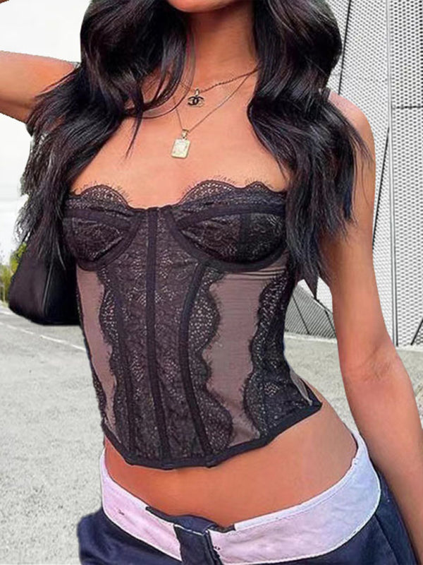 New style lace embroidered fishbone sexy tube top suspender hollow backless outer bra