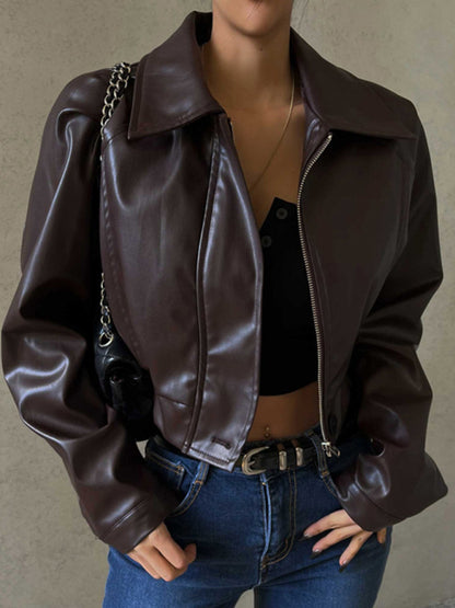 Women's retro style lapel zipper PU leather American casual jacket