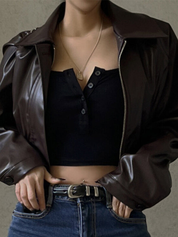 Women's retro style lapel zipper PU leather American casual jacket