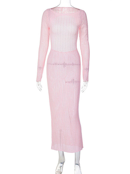 Wool sexy hollow backless mesh long-sleeved pure lust style long dress