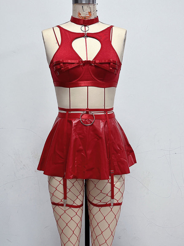 New cute mesh sexy bra cosplay leather uniform sexy bra set (including fishnet stockings)