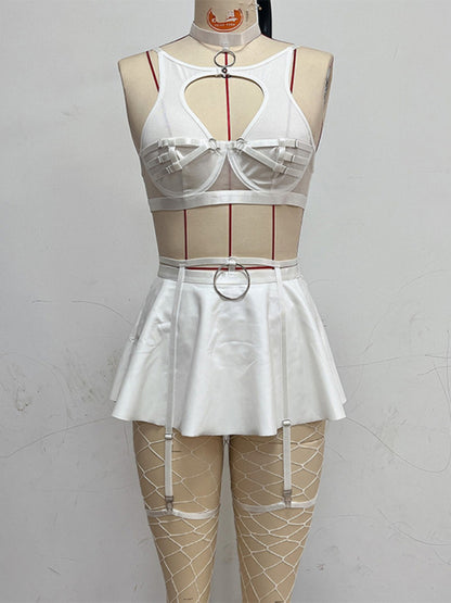 New cute mesh sexy bra cosplay leather uniform sexy bra set (including fishnet stockings)