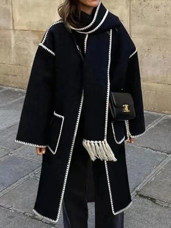 Women's double-sided woolen long-sleeved scarf tassel long top windbreaker jacket