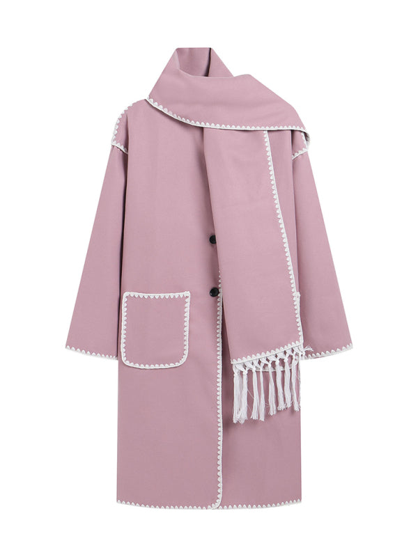 Women's double-sided woolen long-sleeved scarf tassel long top windbreaker jacket
