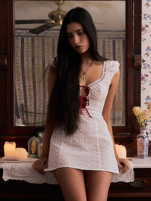 Women's Bow Tie Lace Square Neck Dress