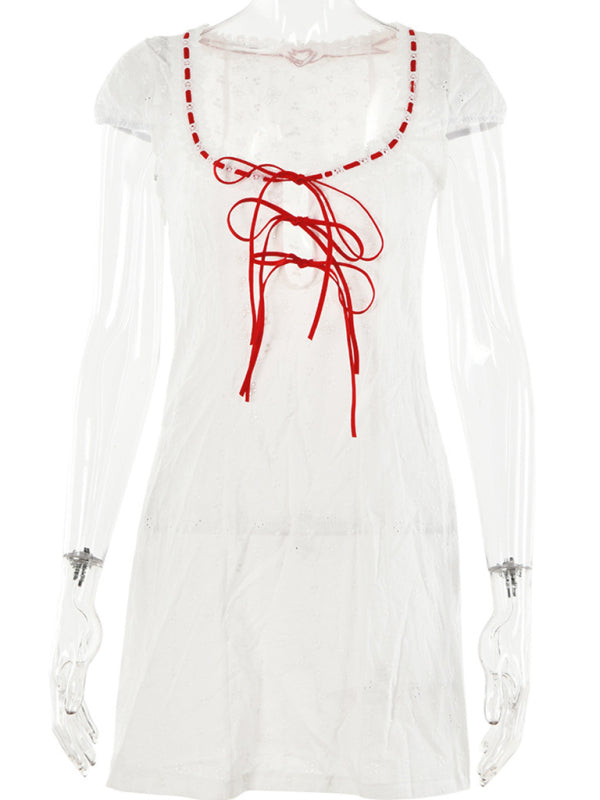 Women's Bow Tie Lace Square Neck Dress