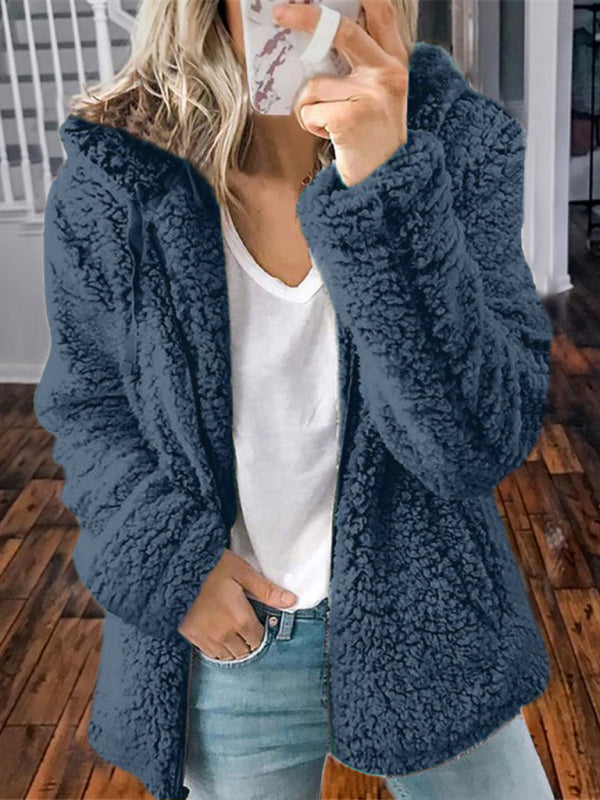 Women's loose long sleeve hooded woolen jacket