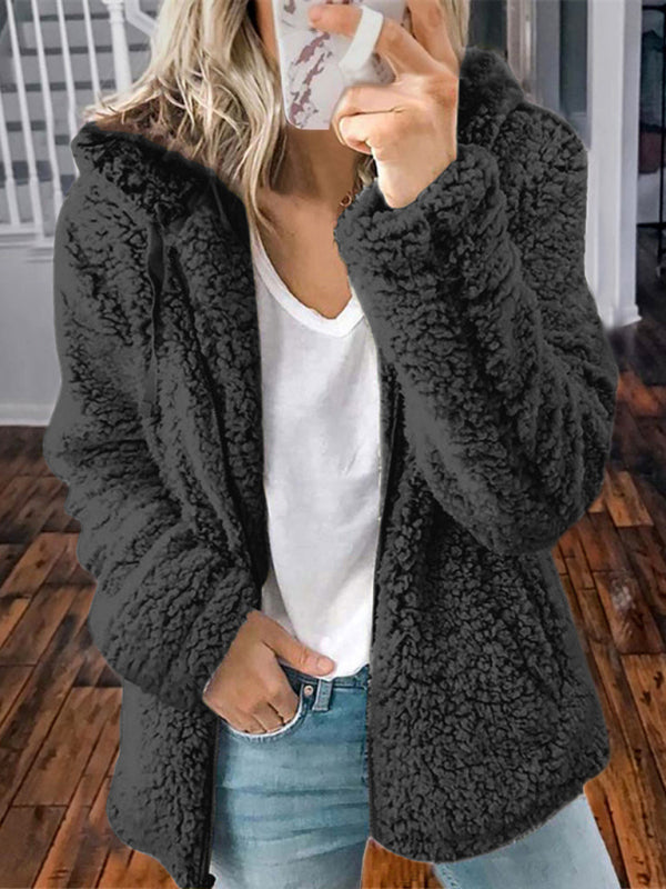 Women's loose long sleeve hooded woolen jacket