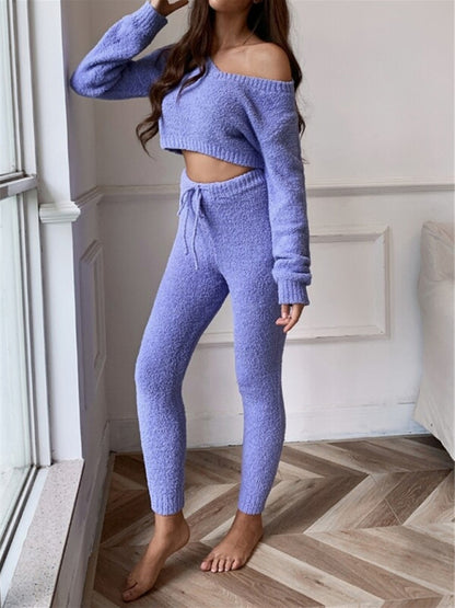 V-neck short knitted sweater women's drawstring lace-up trousers fashion suit