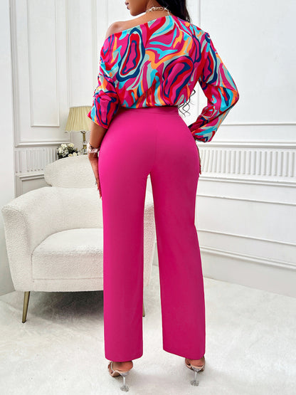 Sexy slanted shoulder shirt and pants suit for women