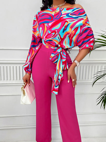 Sexy slanted shoulder shirt and pants suit for women