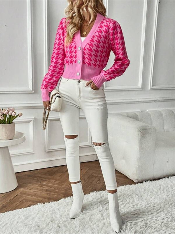 Houndstooth pattern lantern sleeve knitted cardigan sweater short coat