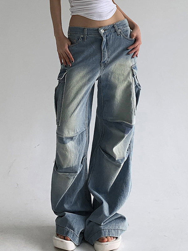 New street style distressed washed pocket splicing jeans loose straight trousers