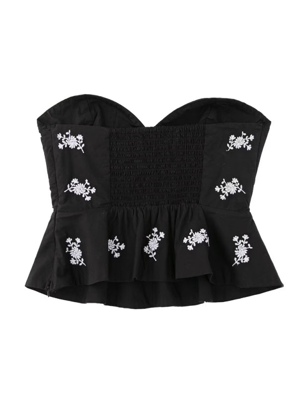 Women's casual floral embroidered poplin tube top