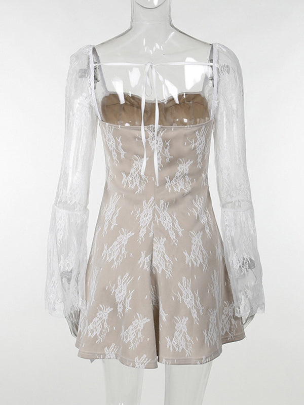 New sexy hottie lace printed long-sleeved strappy dress