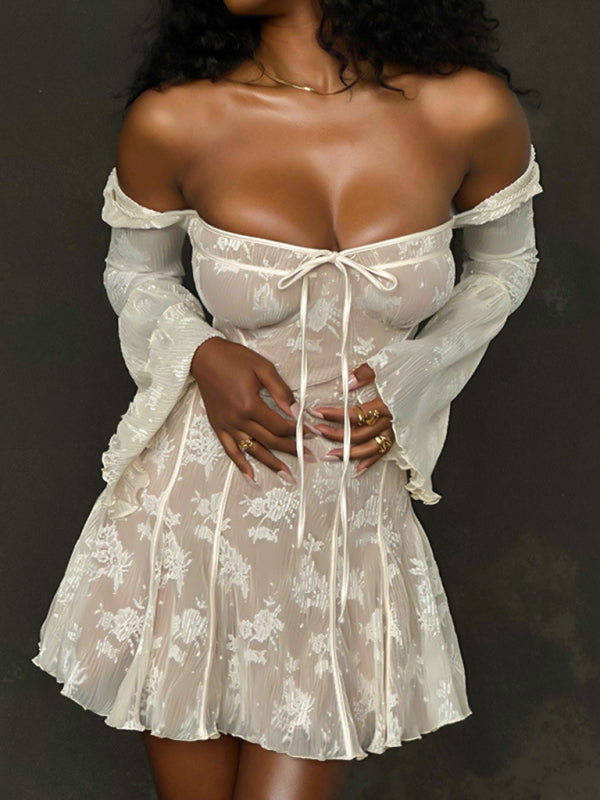 New sexy hottie lace printed long-sleeved strappy dress