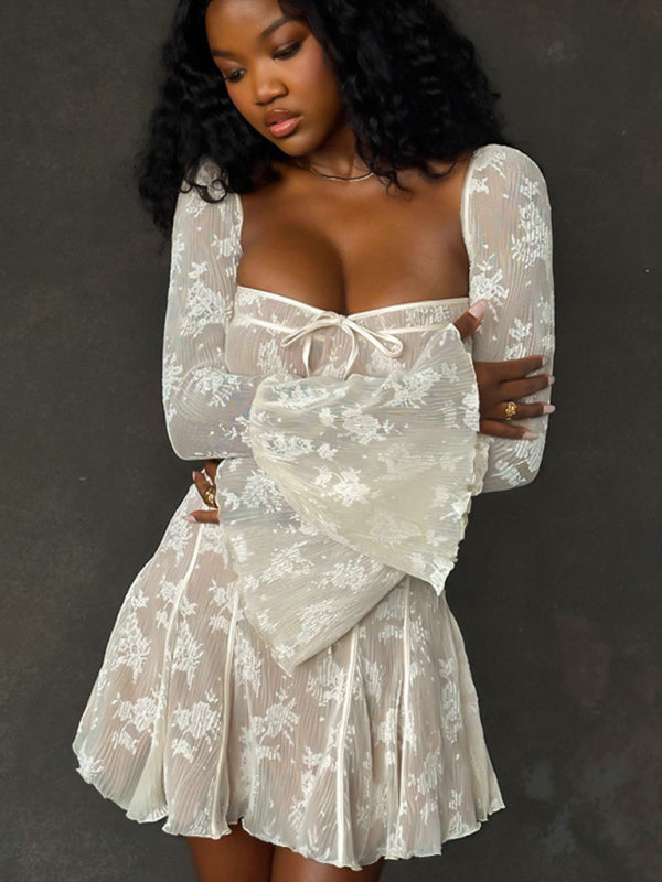 New sexy hottie lace printed long-sleeved strappy dress