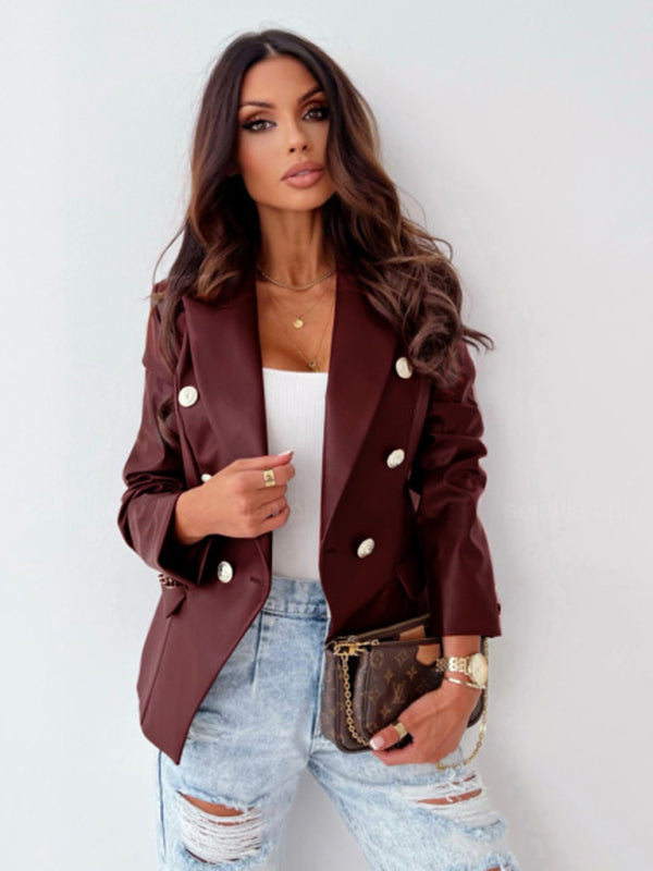 Women's new long-sleeved double-breasted fashionable PU leather suit