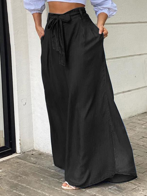 Elegant strappy high waisted skirt casual plus size denim maxi skirt
