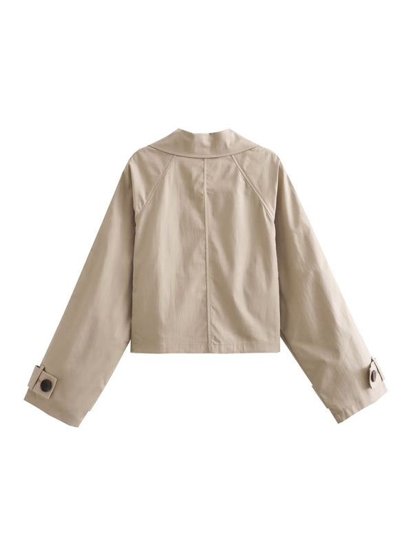Women's New Slim Long Sleeve Short Casual Windbreaker Double Breasted Jacket