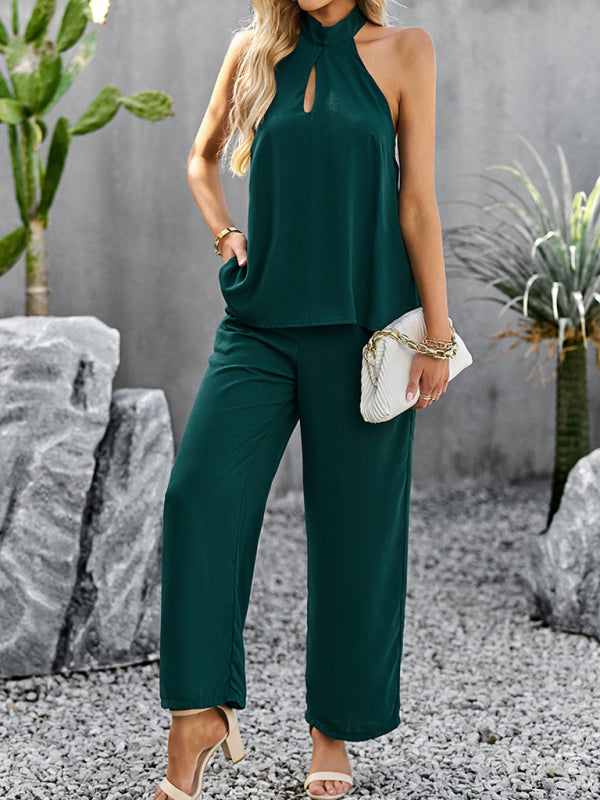 Women's new elegant and fashionable halterneck sleeveless tops and straight pants two-piece set