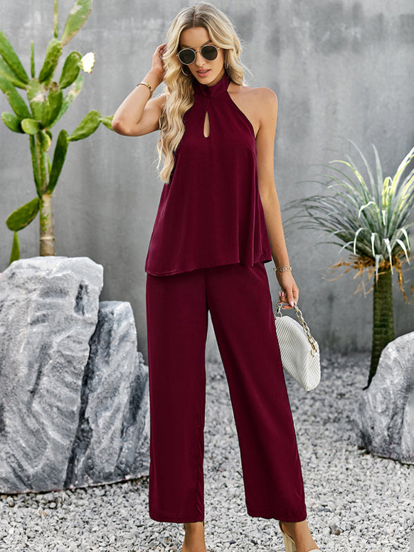 Women's new elegant and fashionable halterneck sleeveless tops and straight pants two-piece set