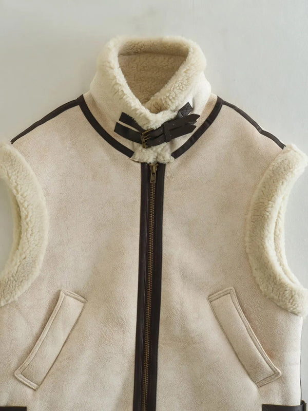 Women's warm loose fleece stitching sleeveless cotton vest