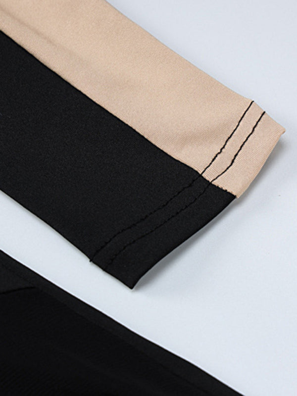 Spliced hollow round neck long-sleeved slim dress