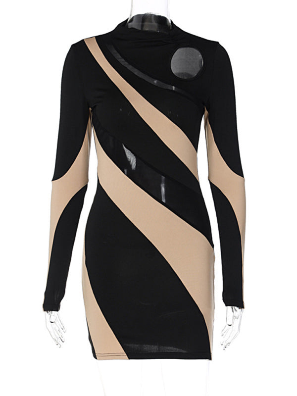 Spliced hollow round neck long-sleeved slim dress